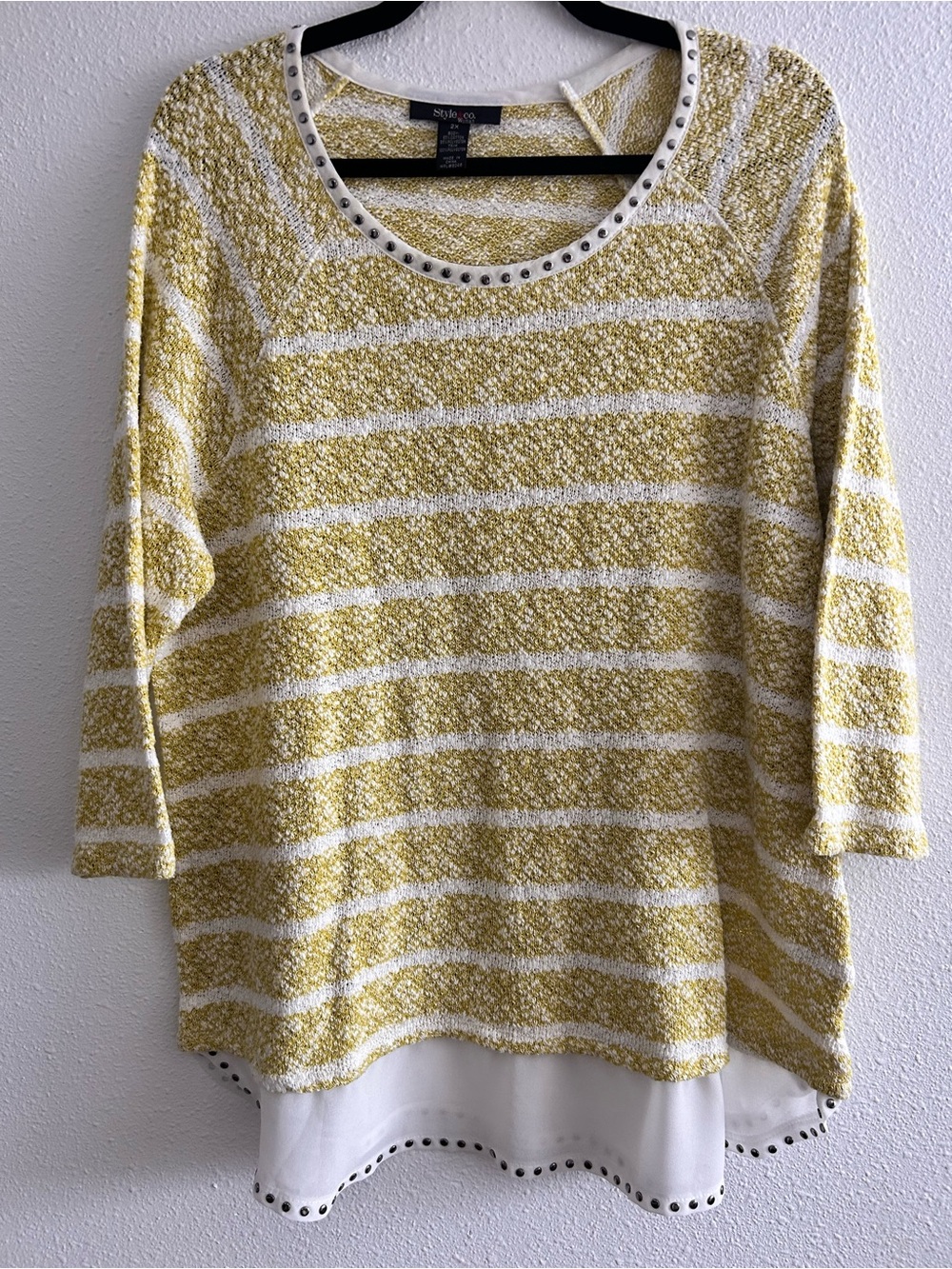 Style & Co. Yellow and White Striped Stud-Trim Sweater Top